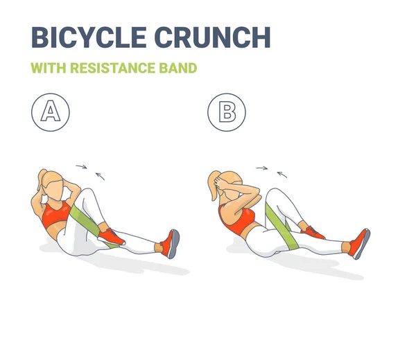 Cykel Crunch Abs med motstånd Band flickor Buk Hem träning Motion Färgglada konceptet — Stock vektor