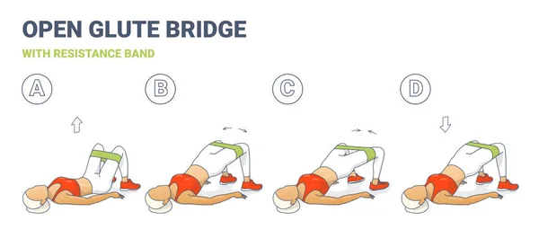 Otevřít Glute most s odporem kapela dívka domácí cvičení cvičení barevné koncepce. — Stockový vektor