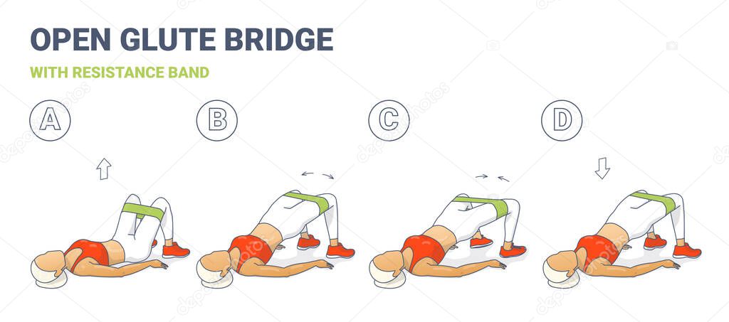Open Glute Bridge With Resistance Band Girl Home Workout Exercise Colorfull Concept.