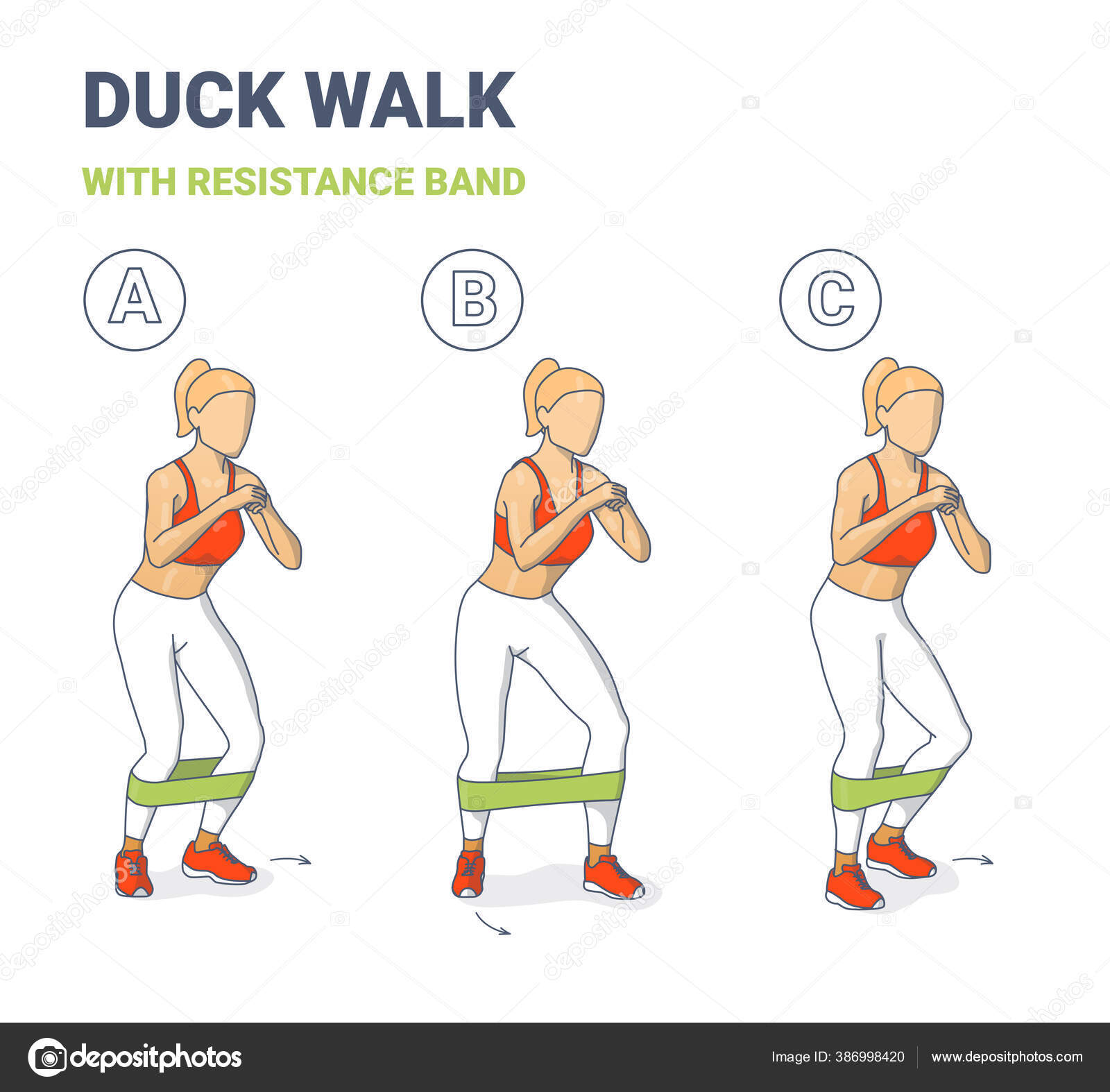 Exercício de treino de caminhada de pato feminino com conceito colorido de  banda de resistência Vetor de ©bulgakov.oleksii 386998420, image size:1600x1574