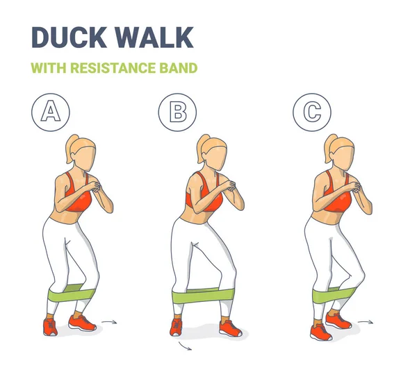 Exercício de treino de caminhada de pato feminino com conceito colorido de banda de resistência —  Vetores de Stock