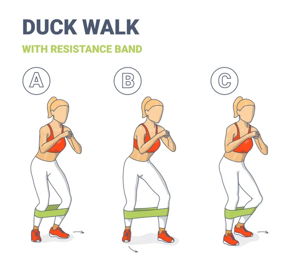 Ejercicio de entrenamiento a pie de pato chica con banda de resistencia Concepto colorido — Archivo Imágenes Vectoriales