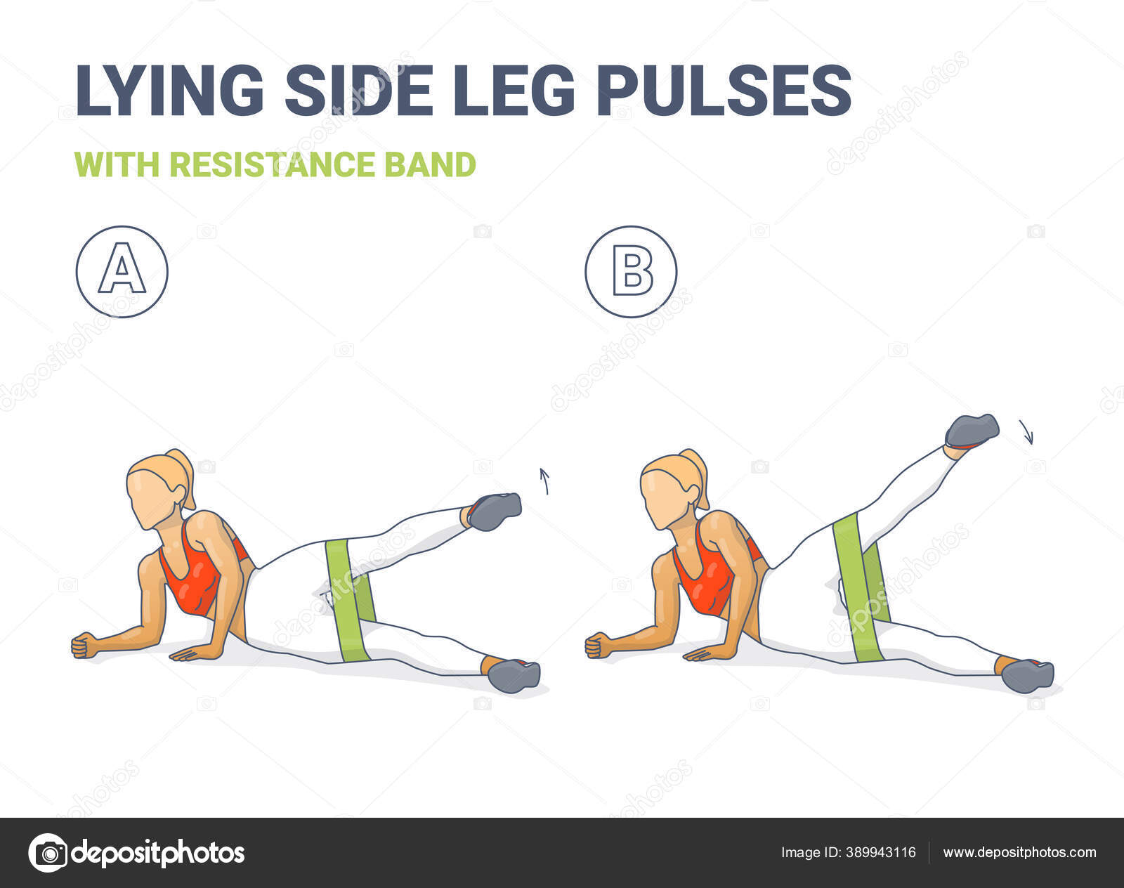 Levantamientos laterales de la pierna acostada o pulsos con ilustración de  ejercicio de banda de resistencia. Concepto colorido de entrenamiento de  pérdida de peso de chica Vector de stock #389943116 de ©bulgakov.oleksii, image size:1600x1264
