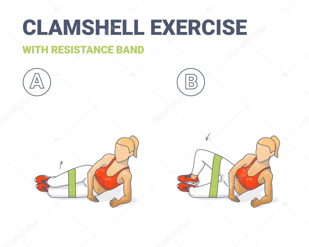 Clamshell with Resistance Band Sport exersice. Colorful Concept of Girl Doing Hip Abduction With Elastic Loop Exercise.