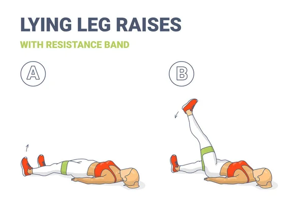 Übung zum Heben der Beine im Liegen mit Widerstandsband. Farbenfrohes Konzept von Mädchen, die Beine machen, erhöhen die Workout-Übung — Stockvektor