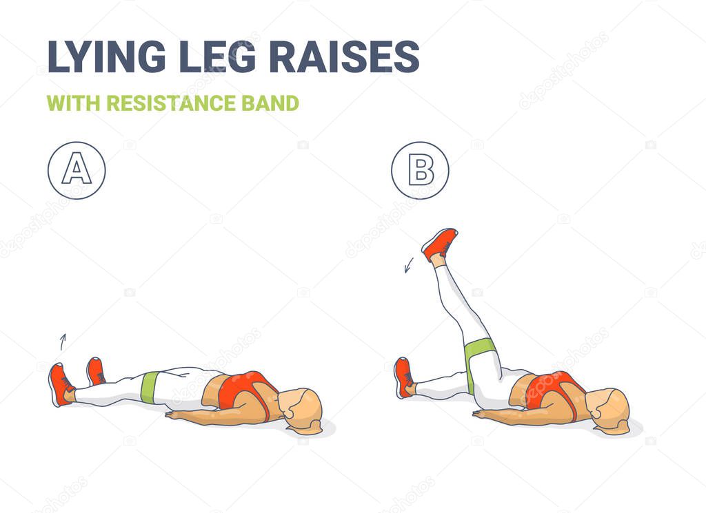 Lying Leg Lifting with Resistance Band Exercise illustration. Colorful Concept of Girl Doing Legs Raise Workout Exercise