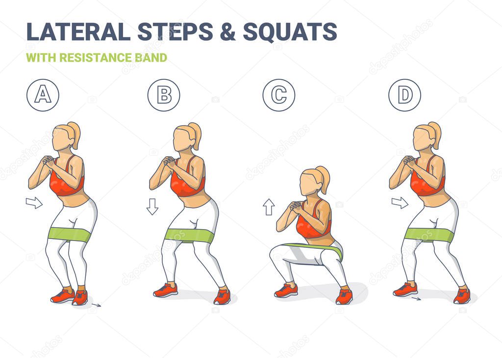 Lateral Walk and Squats with Resistance Band Girl Silhouettes. Side Steps and Squating Home Workout Illustration