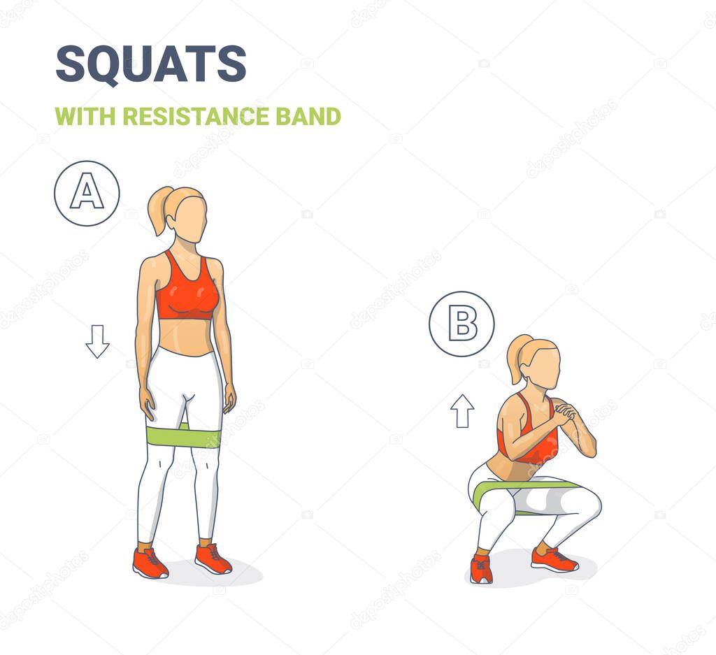 Girl doing Squats with Resistance Band Silhouettes. Squatting Athletic Young Woman Does Elastic Band Workout Exercise