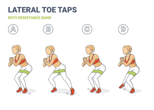 Rateral Toe Taps with Resistance Band Girl Silhouettes. Side Toe Steps with Mini-band Home Workout Exercise Sequally — 스톡 벡터