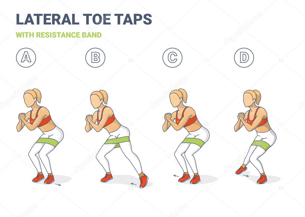 Lateral Toe Taps with Resistance Band Girl Silhouettes. Side Toe Steps with Mini-band Home Workout Exercise Sequentially