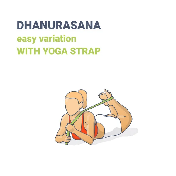 Žena Dhanurasana snadné variace s Yoga Strap Ilustrace. Barevná koncepce Bow Yoga Pose. — Stockový vektor