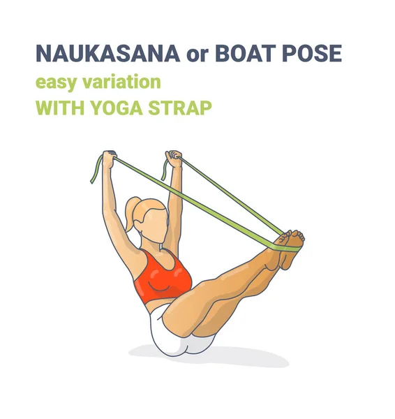 Naukasana, Navasana 또는 Yoga Boat pose Easy Variation with Strap Colorful Concept Illustration. — 스톡 벡터