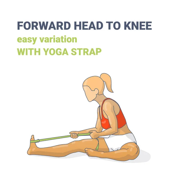 Avant Tête au genou ou Janu Sirsasana Variation facile avec sangle de yoga Illustration colorée Concept. — Image vectorielle