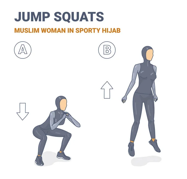 Squats en sprongen moslim vrouw in sportieve hidjab training illustratie. — Stockvector
