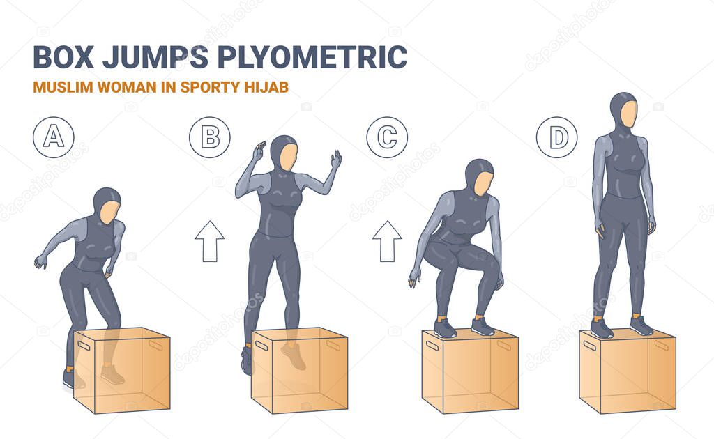 Muslim Woman Doing Box Jumps Exercise Illustration.