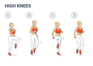 Yüksek diz egzersizi kadın renkli çizgi film vektör çizimi konsepti.