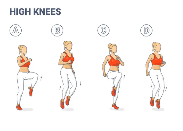 Υψηλά γόνατα άσκηση γυναίκα πολύχρωμα κινούμενα σχέδια διάνυσμα εικόνα έννοια. — Διανυσματικό Αρχείο