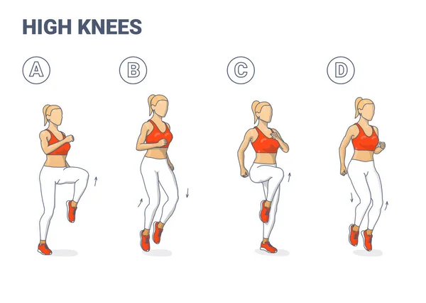 Wysokie kolana ćwiczenie kobieta kolorowe wektor kreskówki ilustracja koncepcja. — Wektor stockowy