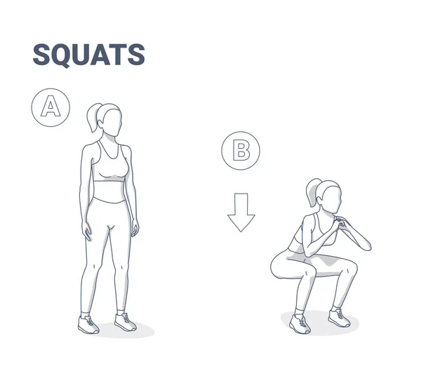 Squats ženské cvičení průvodce. Mladá žena ve sportovním oblečení dělá domácí cvičení. — Stockový vektor