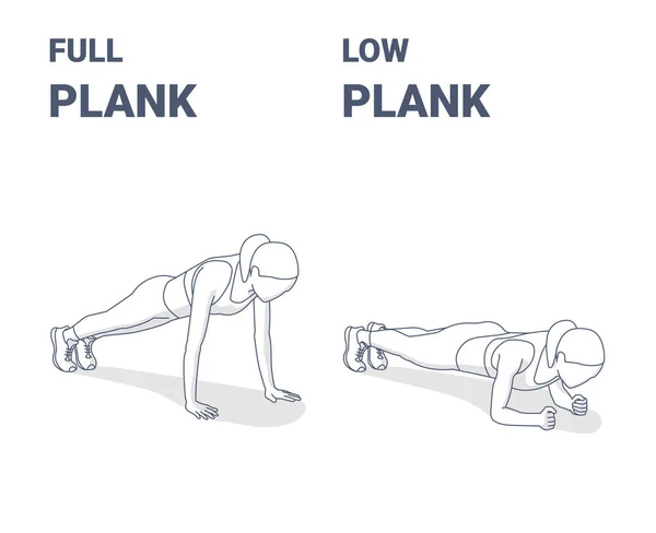 Voll Plank und Ellenbogen Plank Girl Abs Home Workout Übungen Konzept. — Stockvektor