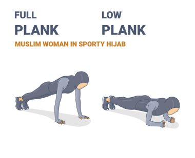 Full Plank ve Dirsek Plank Sportif Türbanlı Müslüman Kadın Ev Çalışması Kavramını Antrenman Ediyor.