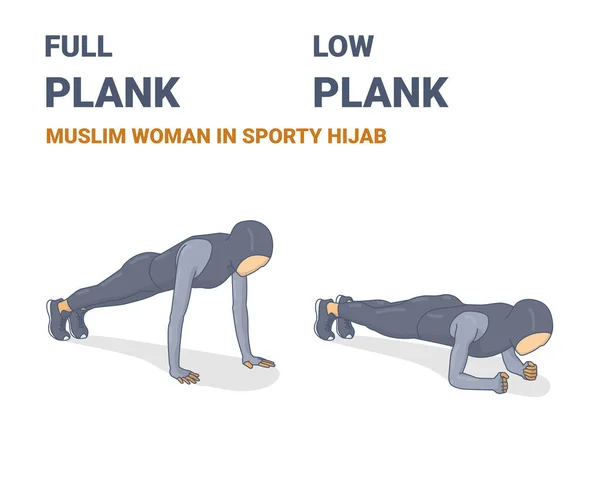 Plná deska a loket deska muslim žena v sportovní hidžáb abs domácí cvičení cvičení koncepce. — Stockový vektor