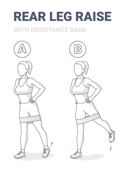 Heben des hinteren Beines im Stehen mit Widerstandsband Home Workout Übungsanleitung Clip Art. — Stockvektor