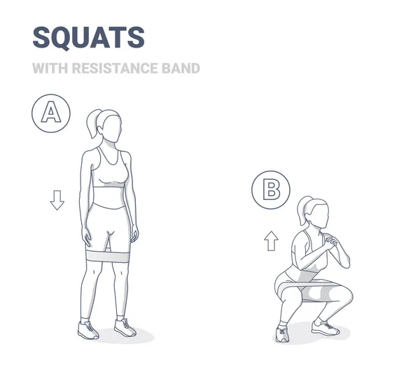 Squats avec bande de résistance Accueil Féminin Exercice à domicile Exercice Guide. — Image vectorielle