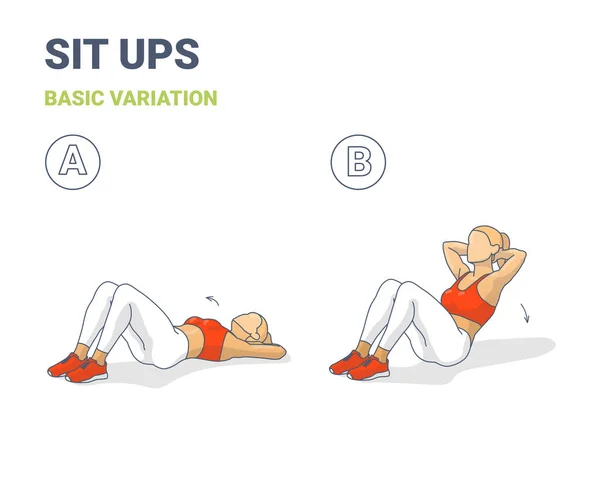 Sit Up Woman Workout träningsguide Färgglada konceptet illustration. — Stock vektor