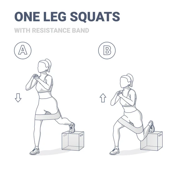 One Leg Squats with Resistance Band Kobieta Home Poradnik ćwiczeń. — Wektor stockowy