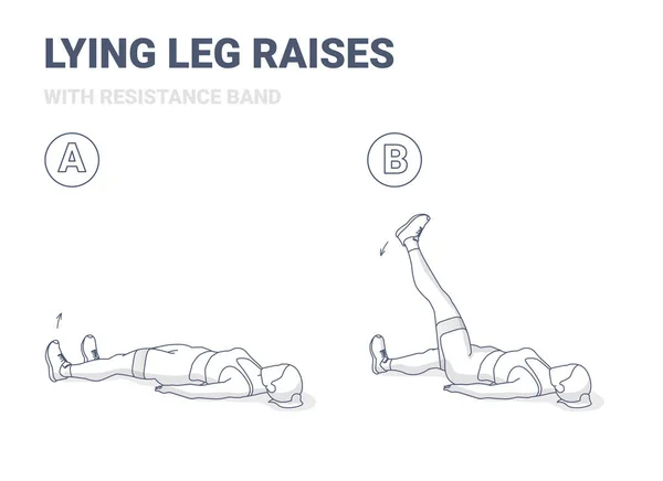 Heben des Beines im Liegen oder Heben mit Widerstandsband Home Workout Übungsanleitung Illustration. — Stockvektor