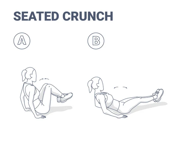 Sittande Crunch kvinna Abs Home Workout Motion Vägledning Illustration Koncept — Stock vektor