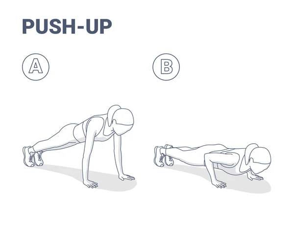 Push-Ups Home Workout Oefening Vrouw Silhouet begeleiding Illustratie — Stockvector