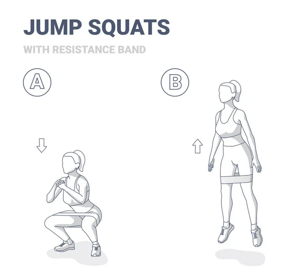 Squat Jumps med Resistance Band Kvinna Home Workout Övningsvägledning. — Stock vektor