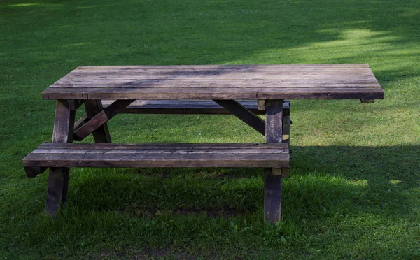 Wooden Picnic Table Integrated Seating Table Has Extended Top Which — Stock Photo, Image