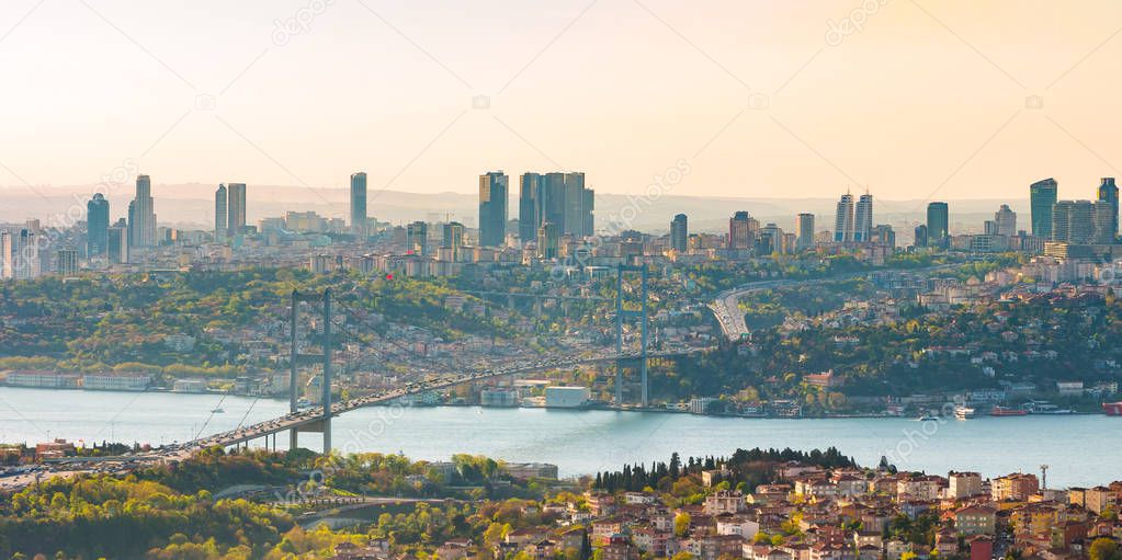 15th July Martyrs Bridge, Bosphorus Bridge from Camlica hill at sunset Istanbul, Turkey