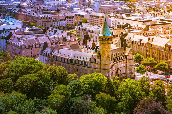 Panoramic aerial view of Luxembourg in a beautiful summer day, Luxembourg