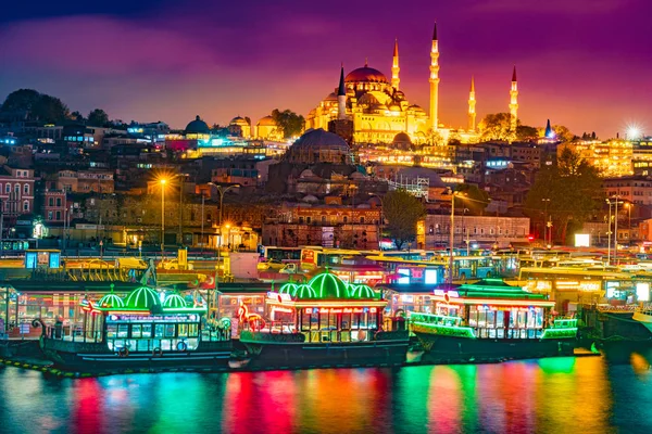 Vista Nocturna Suleymaniye Cami Desde Puente Galata Estambul Turquía Hermosa — Foto de Stock