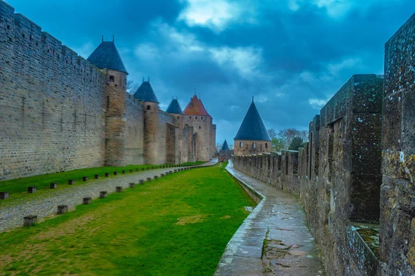Castle of Carcassonne, France. Medieval Carcassone town view, France. Gloomy castle rain. — Stock Photo, Image