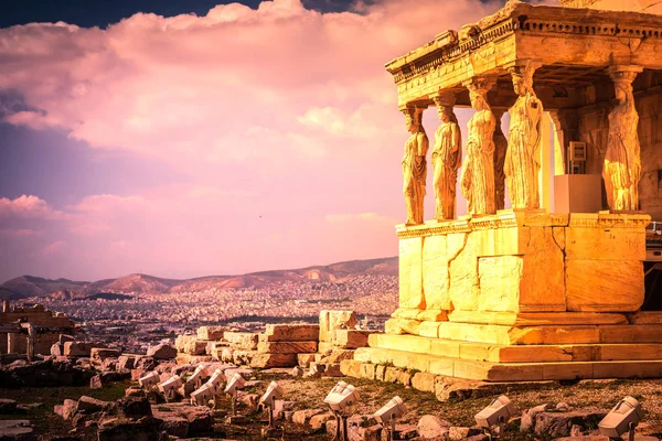 Kő tornác kariatidák Erechtheion templomban az Akropolisz — Stock Fotó