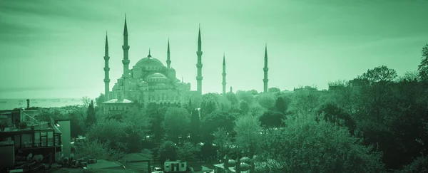 Εναέρια βολή από Μπλε Τζαμί που περιβάλλεται από δέντρα στην παλιά πόλη της Κωνσταντινούπολης-Σουλταναχμέτ, Κωνσταντινούπολη, Τουρκία — Φωτογραφία Αρχείου