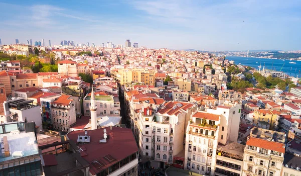 Gün batımında İstanbul, Türkiye. İstanbul silueti gün ışığında. Boğaz kıyısındaki İstanbul binalarının havadan panoramik görünümü. Yazın İstanbul'un güneşli şehir manzarası.