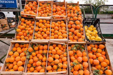 Markette satılmak üzere ahşap bir sepetin içinde portakal hasadı. Akdeniz kültürü, sokaktaki pazarda taze meyveler..