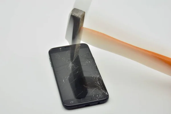 Broken Mobile Phone Screen Hammer — Stock Photo, Image