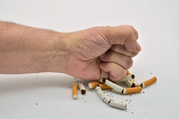 Hand Punching Tobacco Breaking Cigarettes — Stock Photo, Image