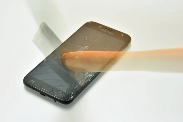 Broken Mobile Phone Screen Hammer — Stock Photo, Image