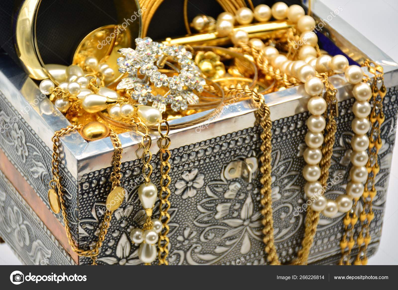 Treasure Chest Full Jewels Jewelry Pearls Gold Stock Photo by
