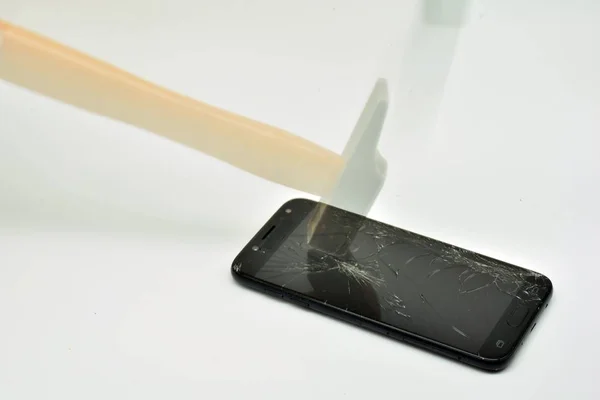 Hammer Breaking Screen Mobile Phone Motion — Stock Photo, Image