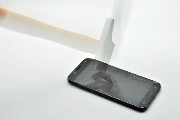 Hammer Breaking Screen Mobile Phone Motion — Stock Photo, Image