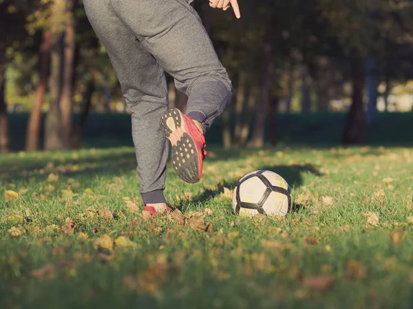 Soccer Player Kicking Football in the Park on a Sunny Autumn Day